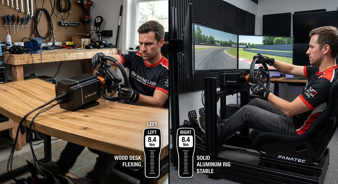 Comparing the stability of a desk mount versus a dedicated aluminum profile racing cockpit.