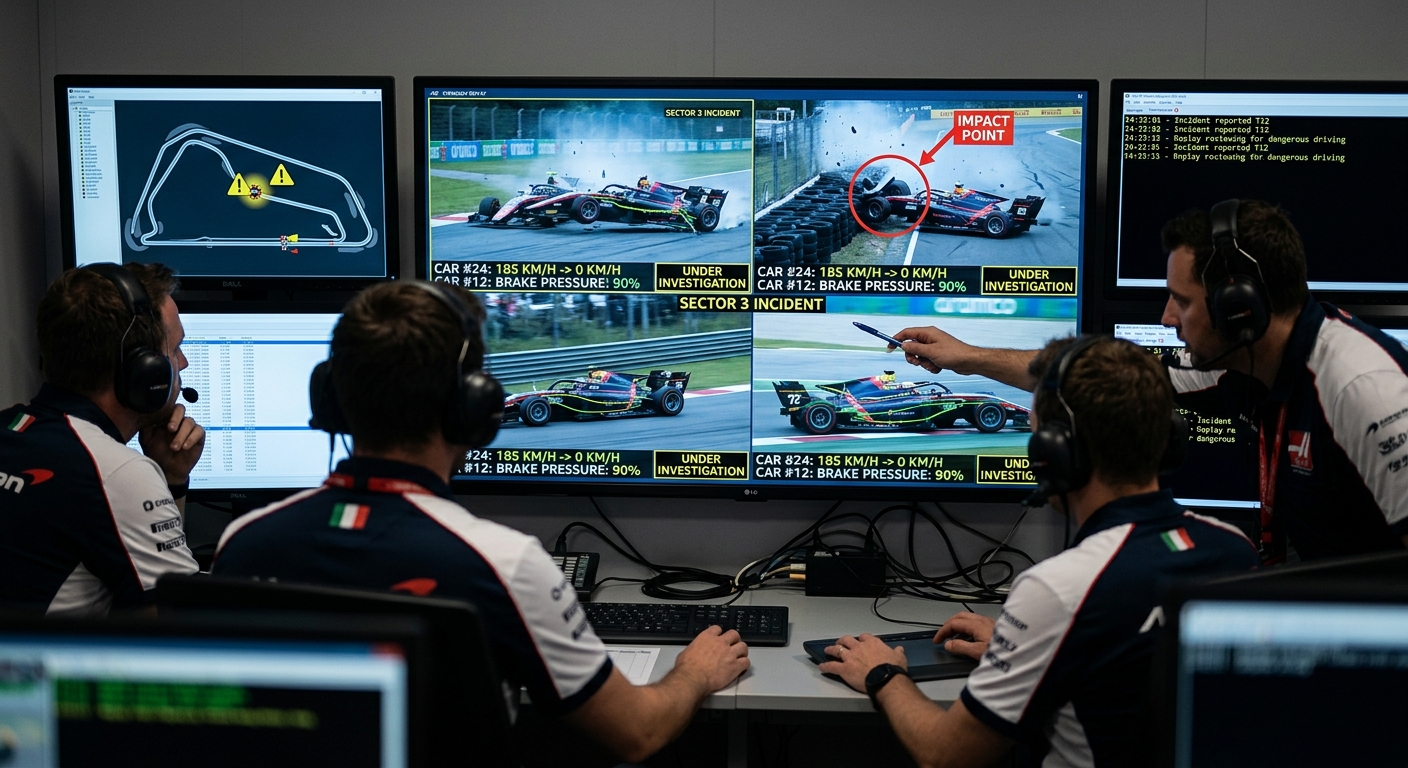 Stewards analyzing multiple replay angles to distinguish between mechanical simulation failure and driver error.