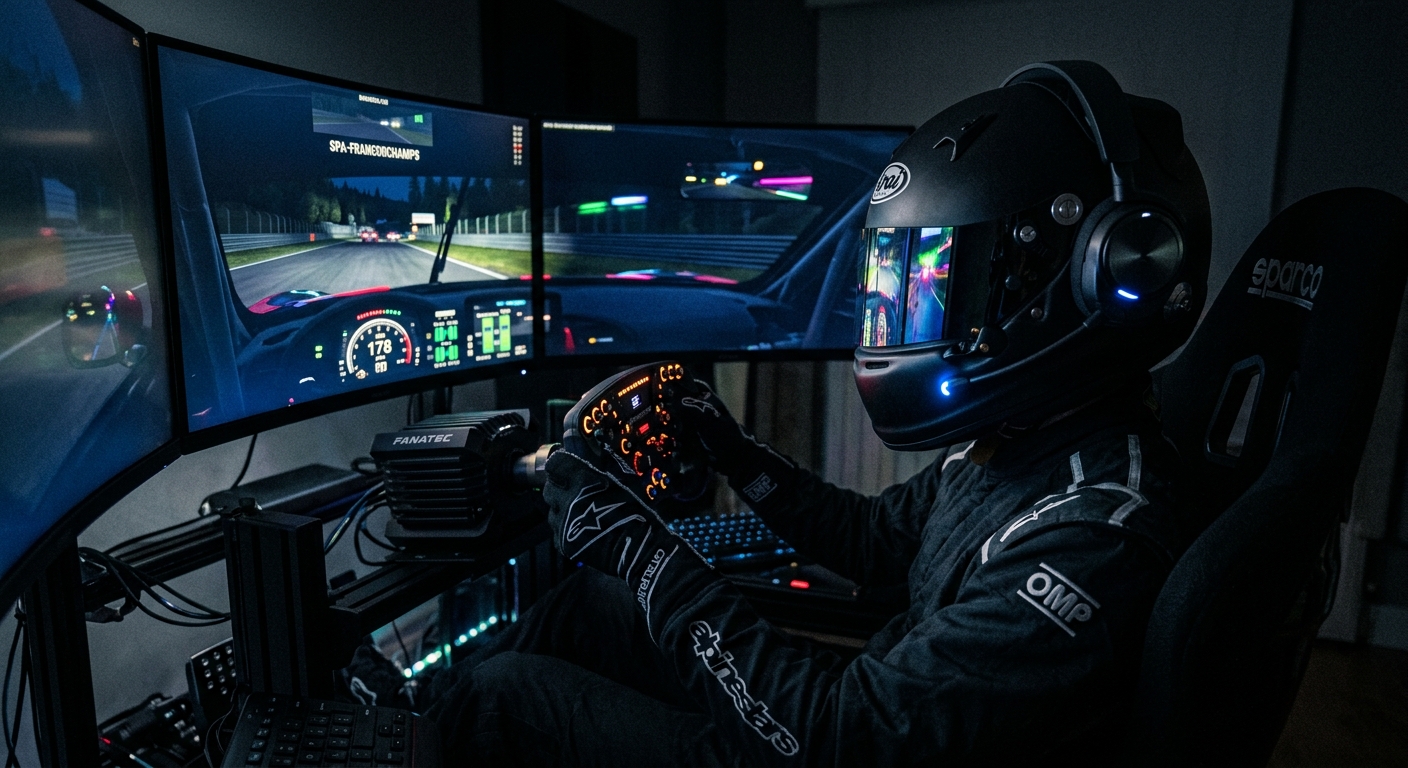 A driver in a dark cockpit focuses on the race, highlighting the intensity of competitive sim racing.