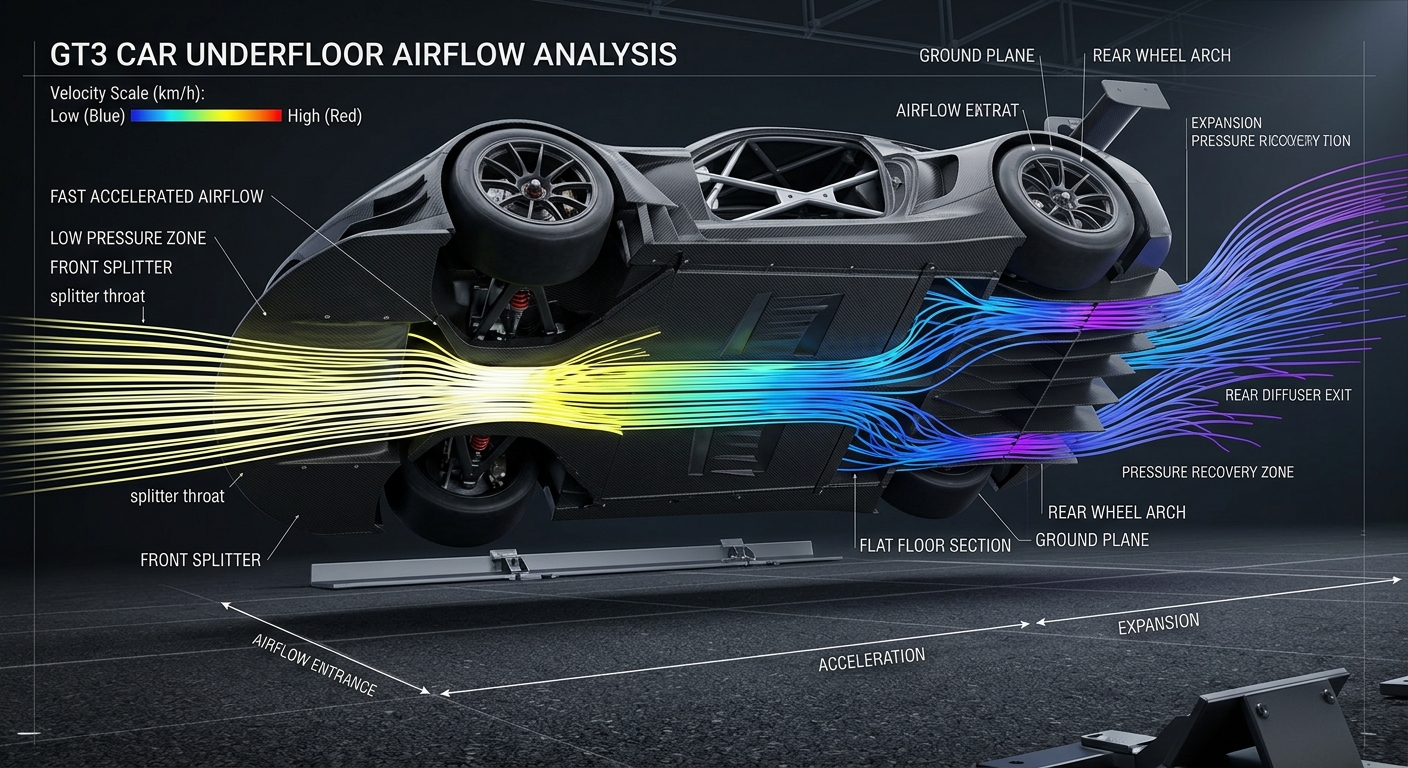 Visualizing how air expands under a raked chassis to create a low-pressure zone and increased downforce.