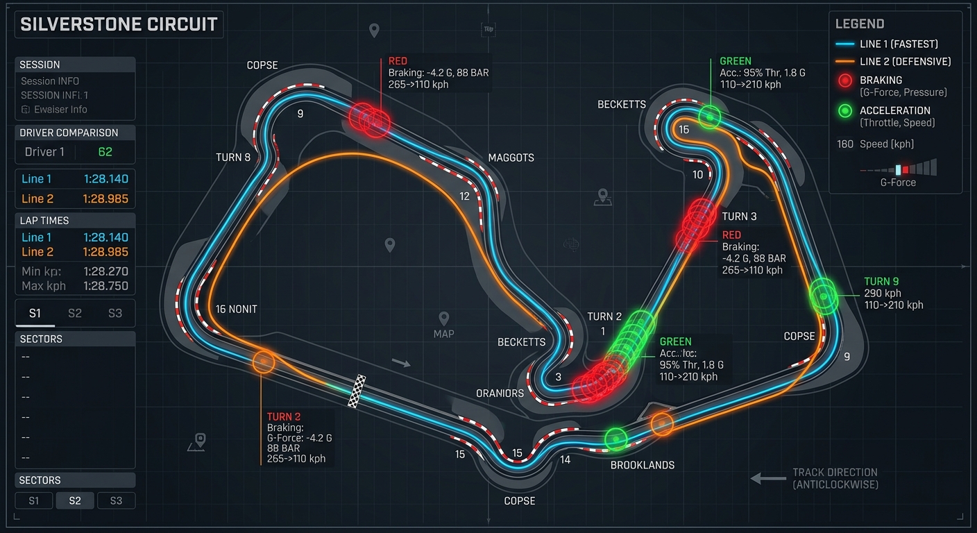 Overlaying sim racing data with real-world track logs to identify discrepancies in braking zones and cornering speeds.