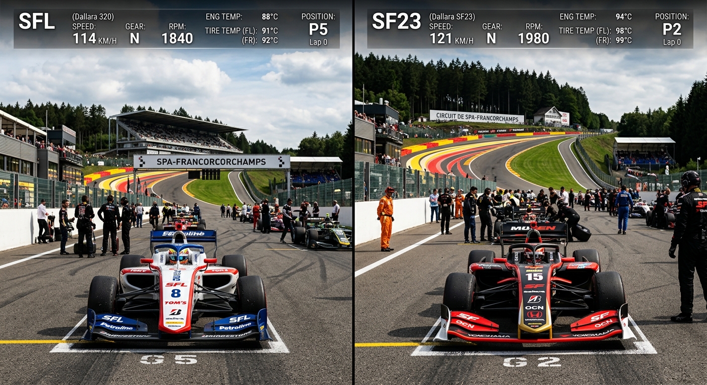 A split-screen comparison showing SFL and SF23 cars at Spa with digital telemetry throttle bar overlays.