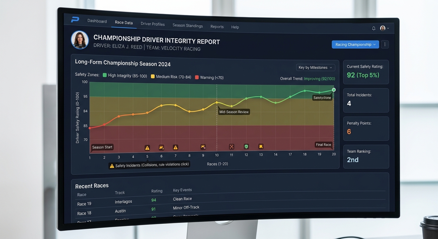 Automated integrity reports allow league organizers to track driver behavior and safety ratings throughout an entire endurance championship.