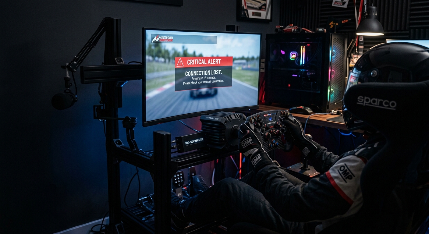 High-end steering wheel displaying a connection error message during a competitive race.