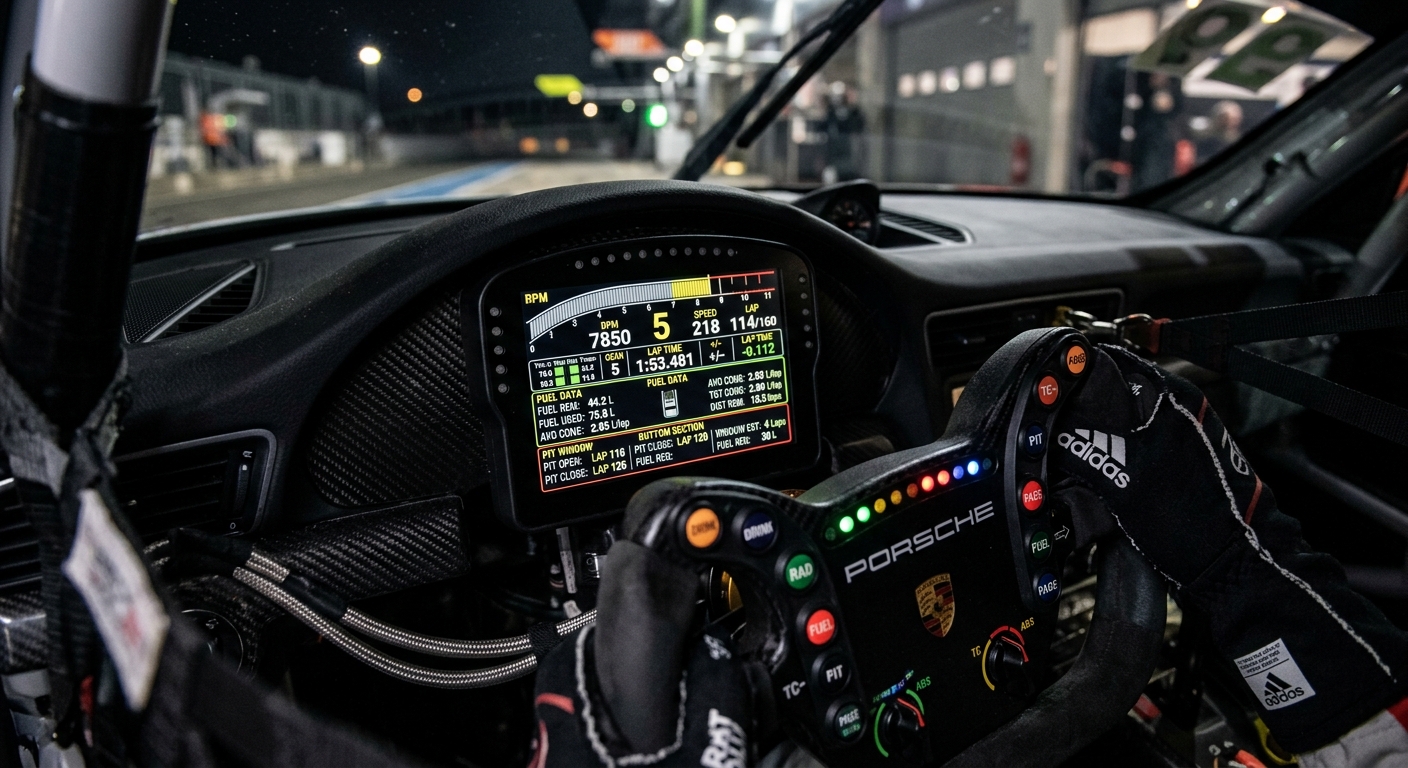 Track-specific fuel tank limitations require precise calculation to avoid running out of fuel during long endurance stints.