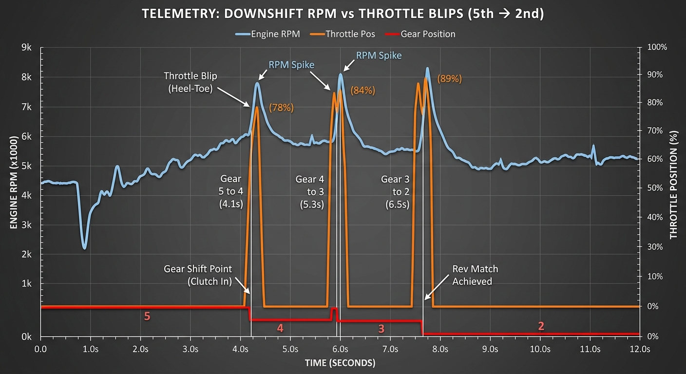 Visualizing engine braking stability through RPM and throttle blip synchronization during heavy downshifting phases.
