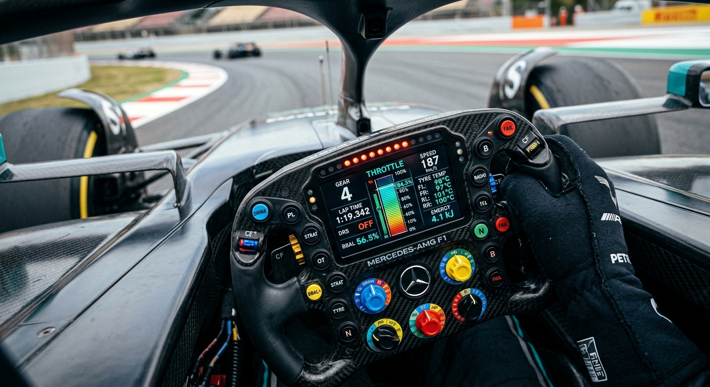 A close-up view of a professional formula car cockpit focusing on the data-rich dashboard and driver hand positioning.