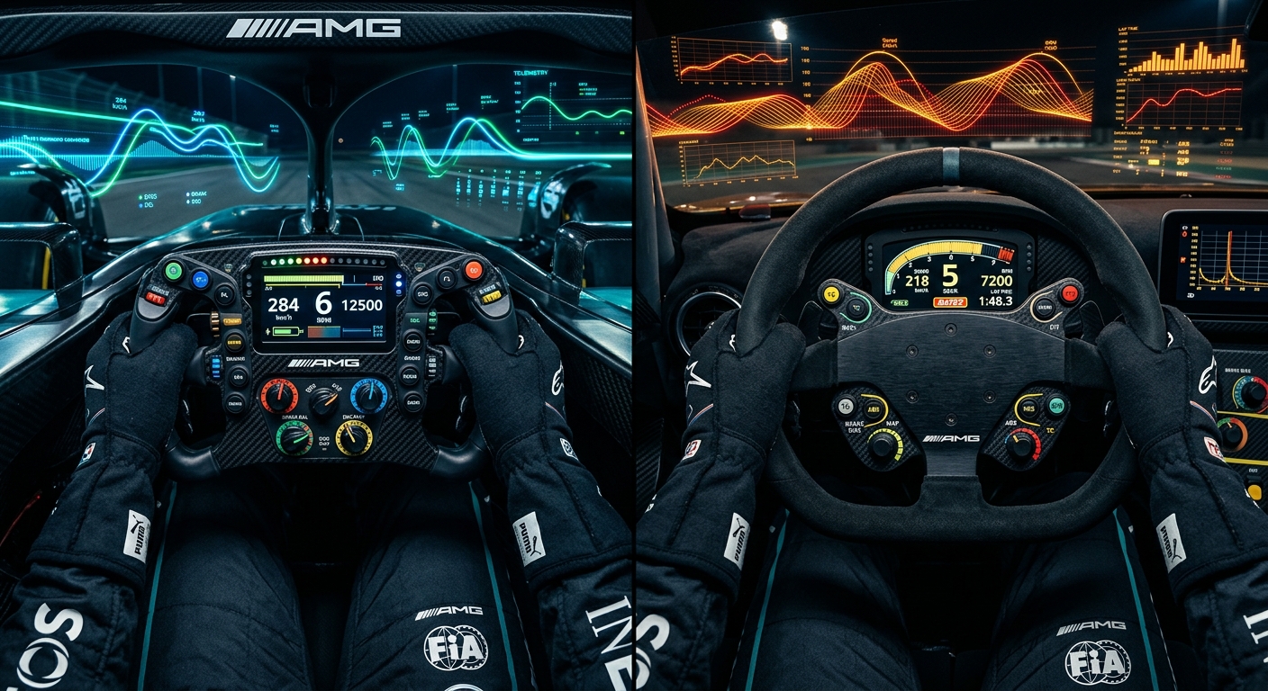 A comparison of Formula and GT steering wheels with overlaid telemetry data showing steering input smoothness.