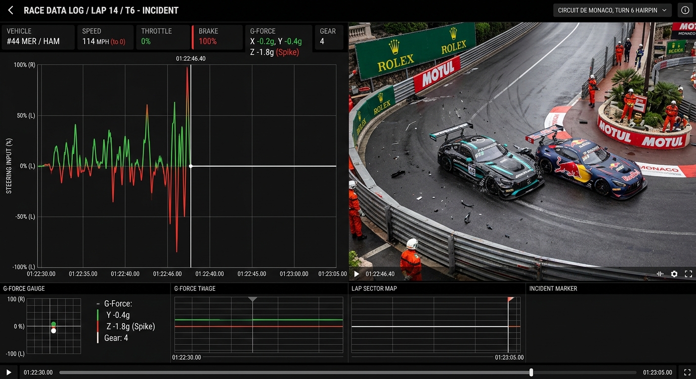 Using synchronized telemetry data to confirm a total signal loss during a high-speed racing incident.