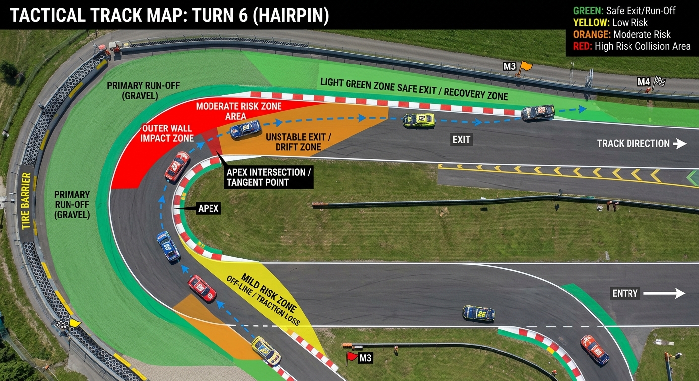 A tactical heat map of a racetrack corner identifying high-risk collision zones and safe alternative lines for avoidance.
