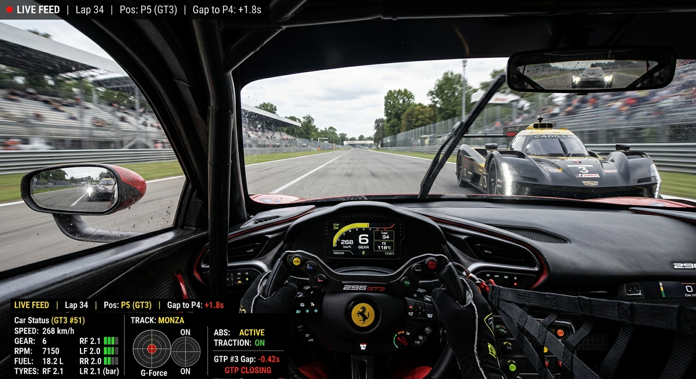 A high-performance GTP car rapidly closing the gap on a GT3 car during an IMSA endurance race.