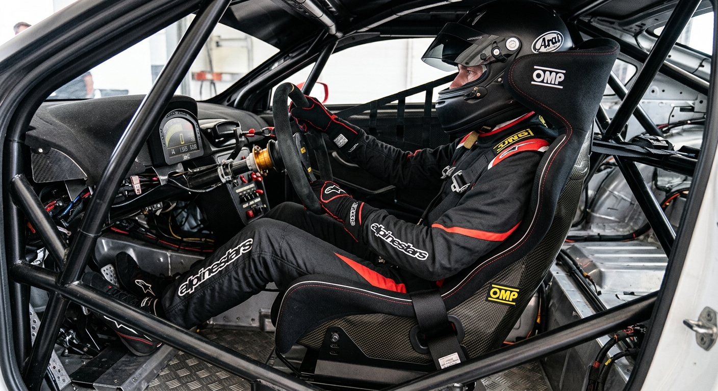 A driver in a neutral ergonomic seating position illustrating proper limb angles for long-distance racing comfort.