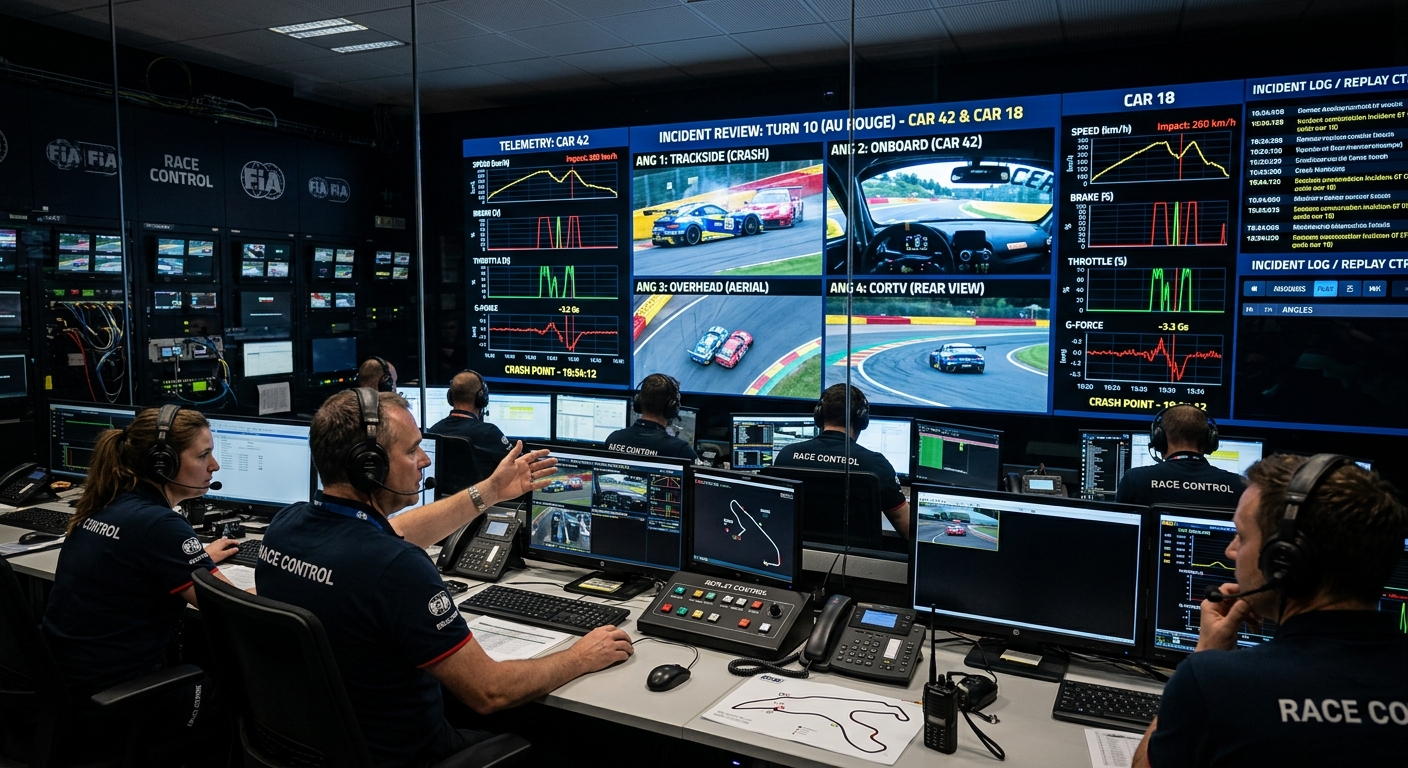 Race control analysts use multiple synchronized camera angles to identify the primary instigator in complex multi-car pileups.