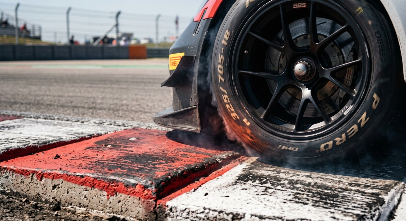 Permanent track features like curbing and specific shadows serve as reliable markers for braking and turn-in points.