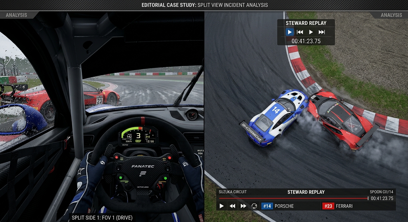 A split view comparing a restricted driver perspective with a steward's comprehensive overhead replay of a collision.