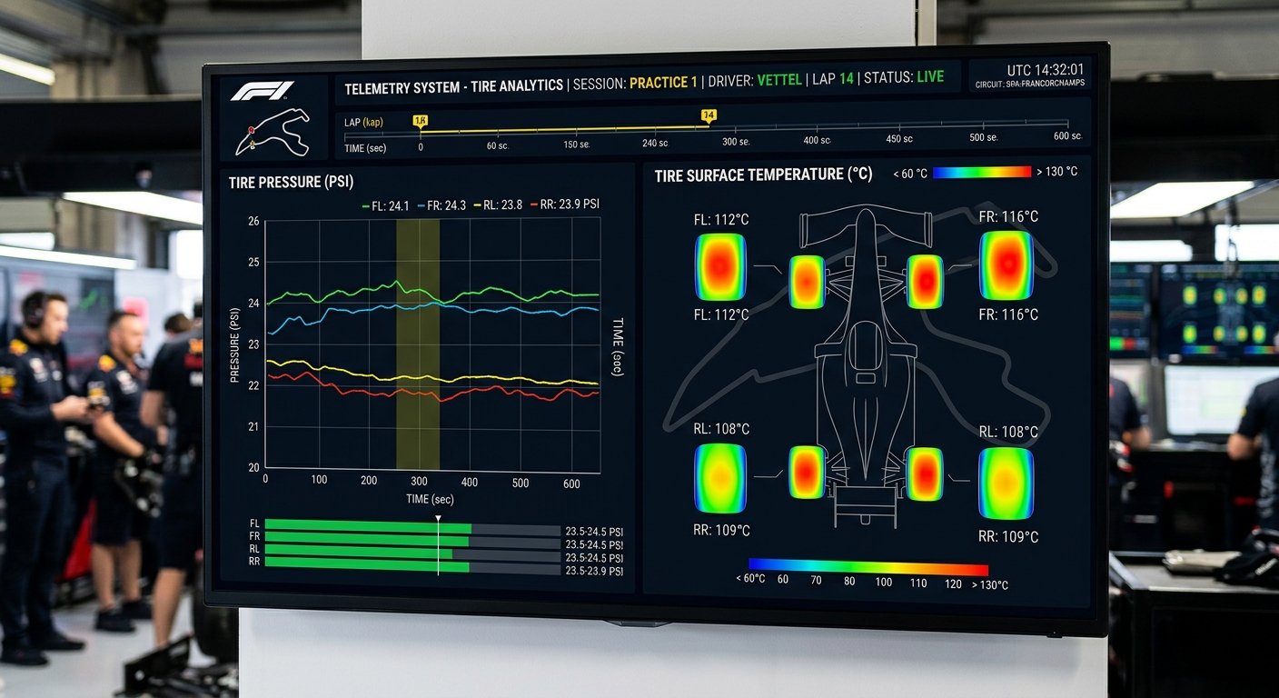 RaceData telemetry displaying the variance between stabilized tire pressures and fluctuating surface temperatures during a cold stint.