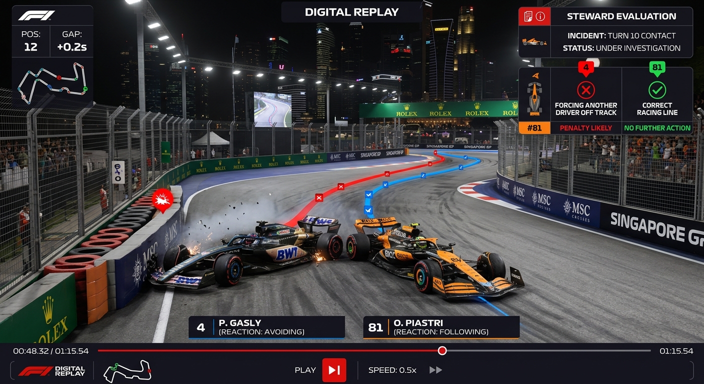 Advanced incident review software showing the predicted path versus the actual collision of two racing vehicles.