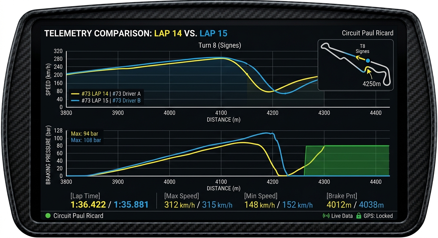 Telemetry traces reveal exactly where a driver is losing time by comparing braking points and throttle application.