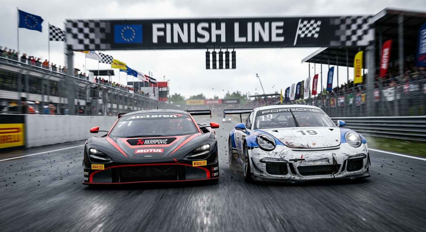 A cinematic view of one GT3 car providing a gentle push to a disabled rival toward the finish.