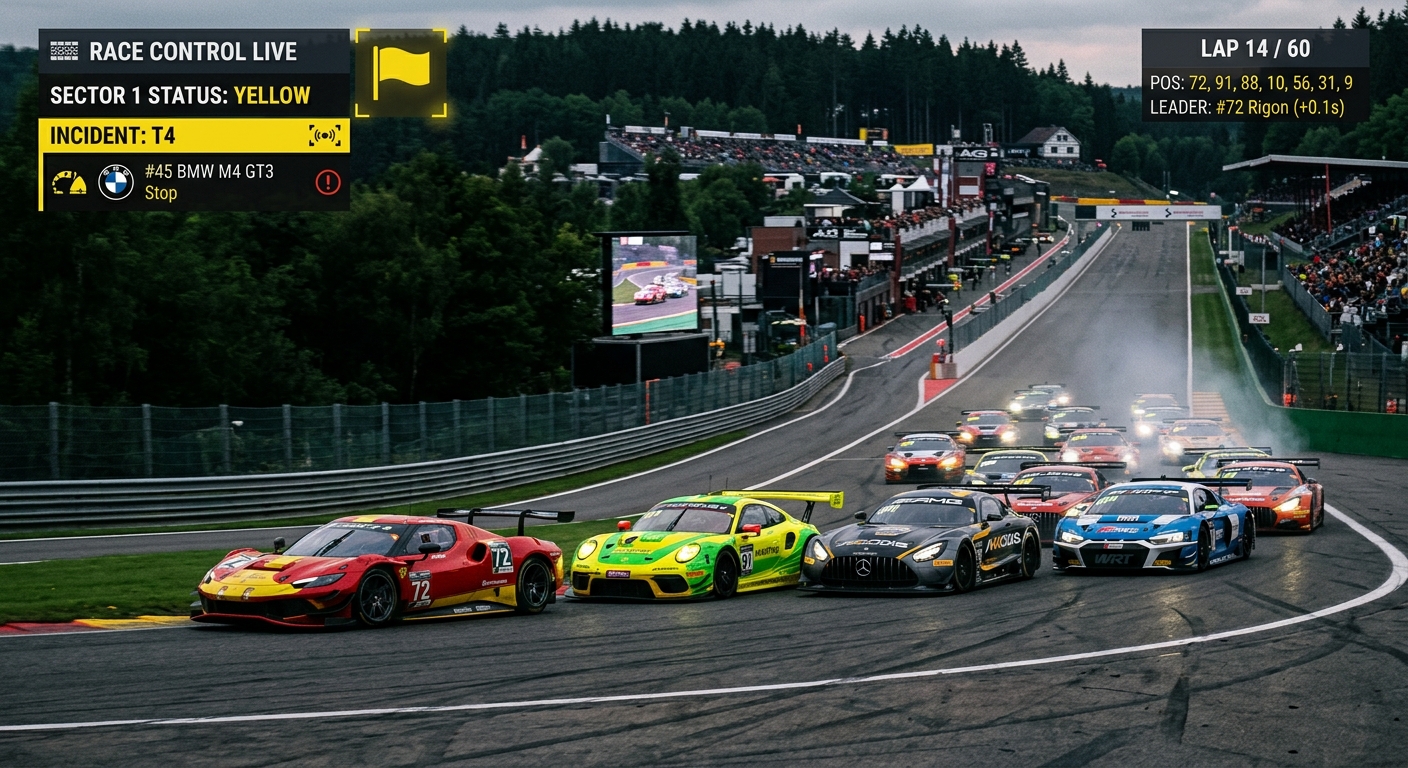 GT3 cars navigate a tight chicane under the watchful eye of a digital race control monitoring system.