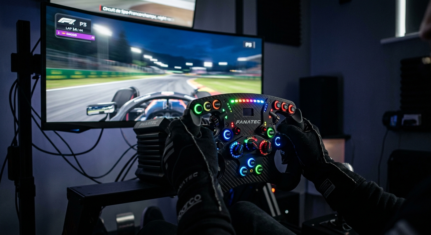 Peripheral LED lights provide critical race control information without requiring the driver to look away from the track.