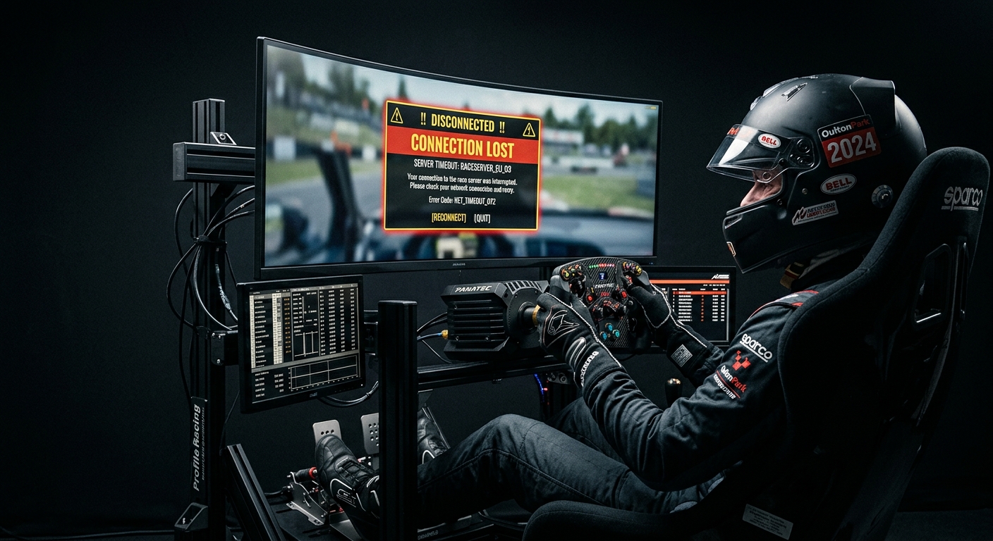 A digital steward graphic overlays a sim racing cockpit experiencing a sudden connection failure during a race.