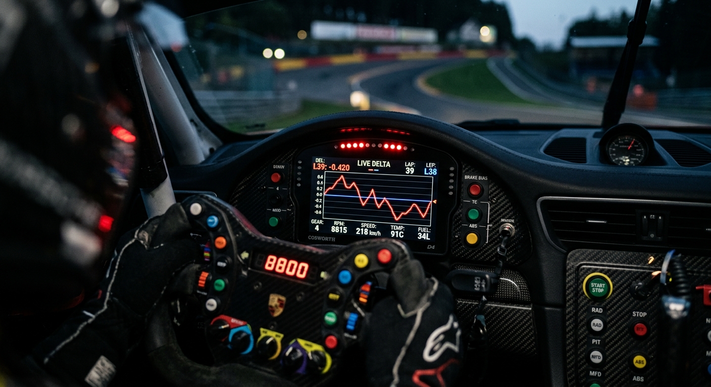 A professional GT3 cockpit view featuring a digital telemetry overlay showing a lap time delta comparison.