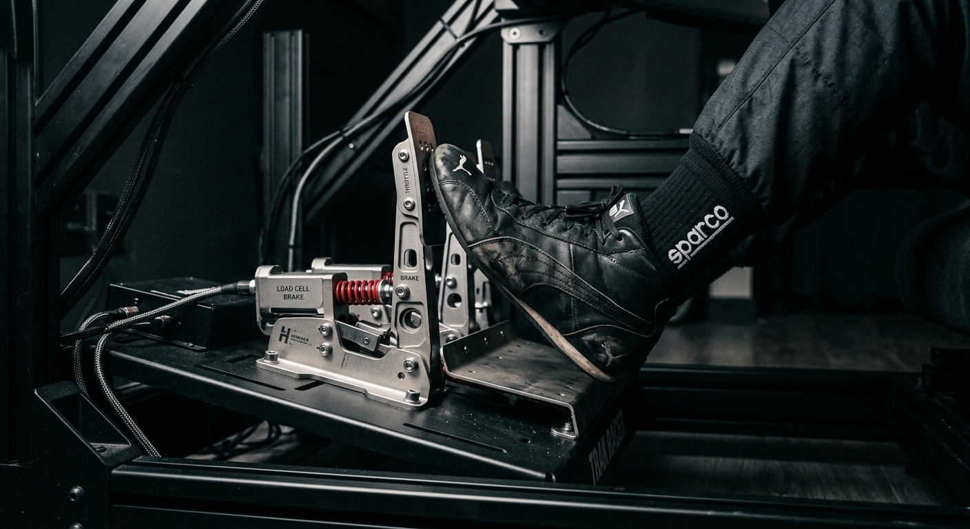 A professional sim racer demonstrating the precise footwork required for high-level left-foot braking on load cell pedals.
