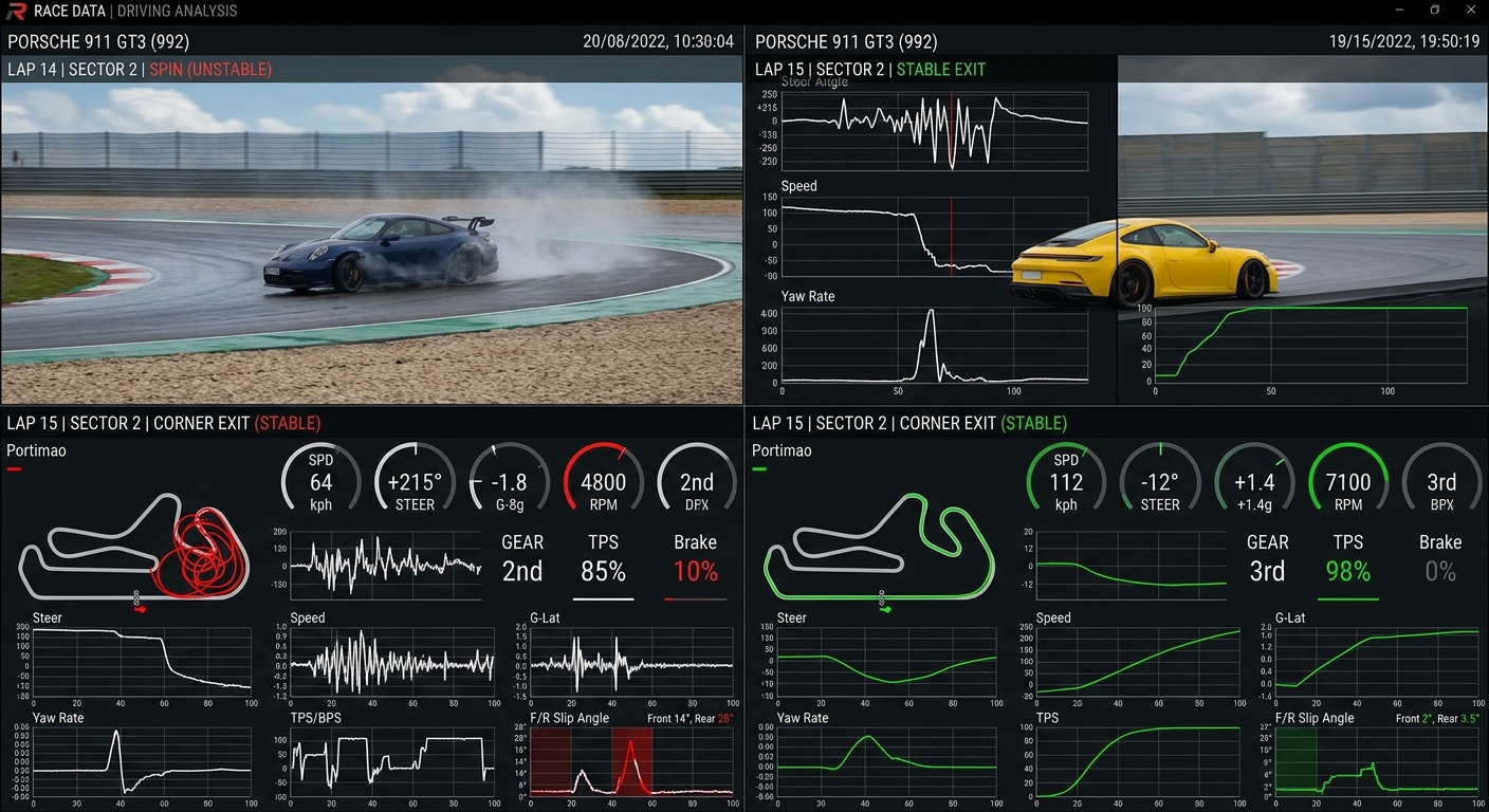 RaceData telemetry reveals the exact moment when aggressive throttle application overcomes rear tire traction.