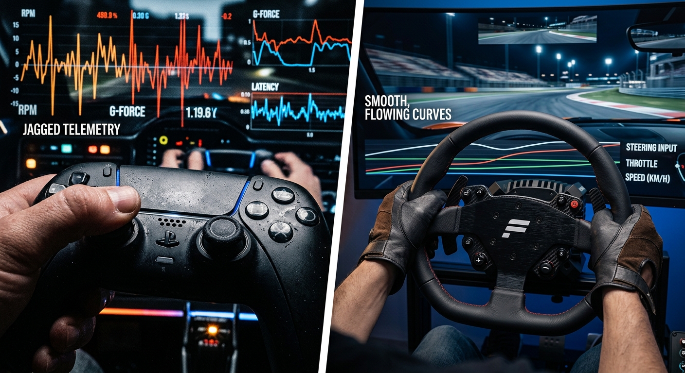 A comparison between erratic gamepad inputs and the smooth precision of a professional racing wheel setup.