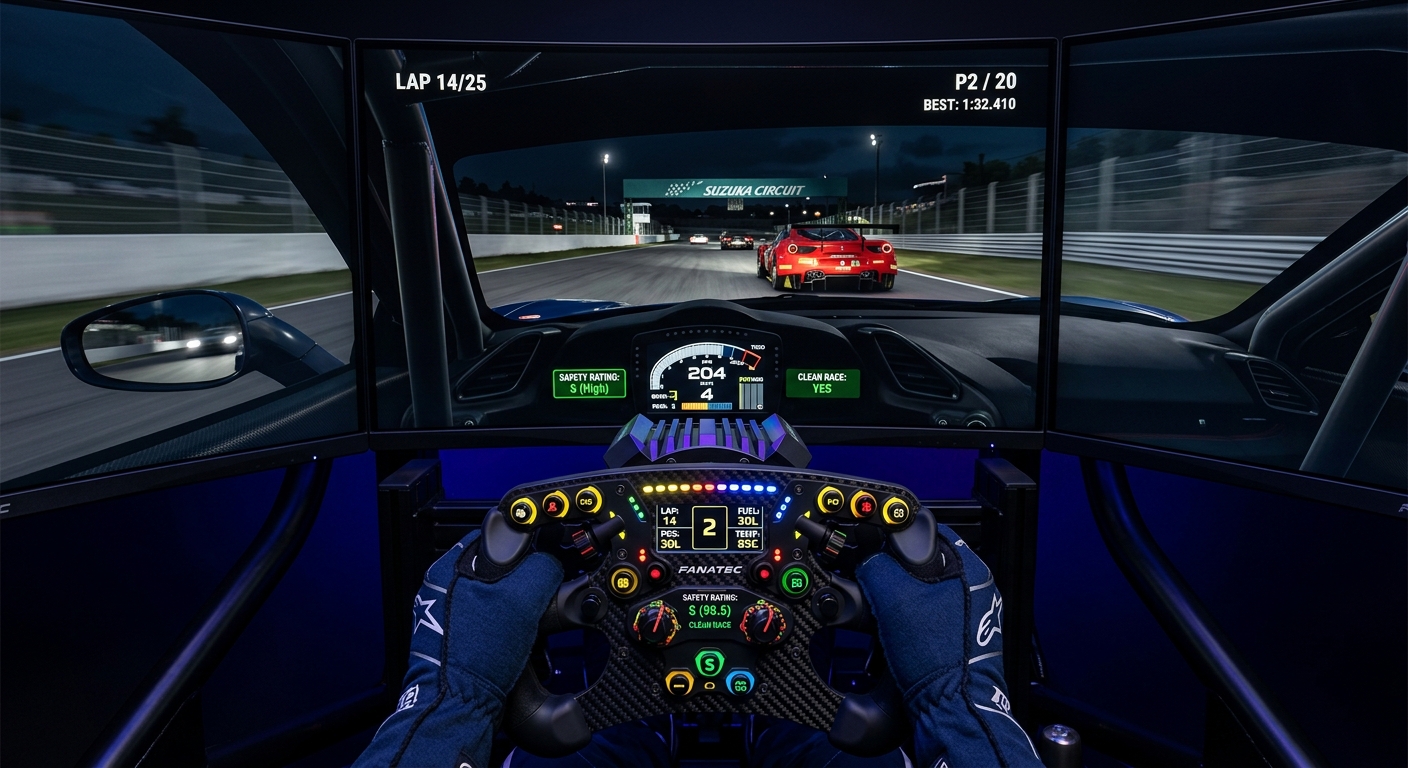 A driver maintaining a high safety rating through predictable movements and professional defensive racing techniques.
