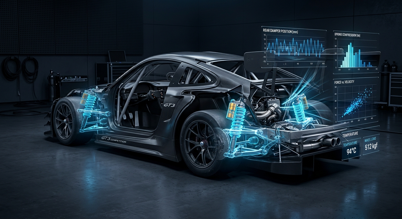 Visualizing the complex interaction between mechanical components and digital telemetry data in a modern race car.