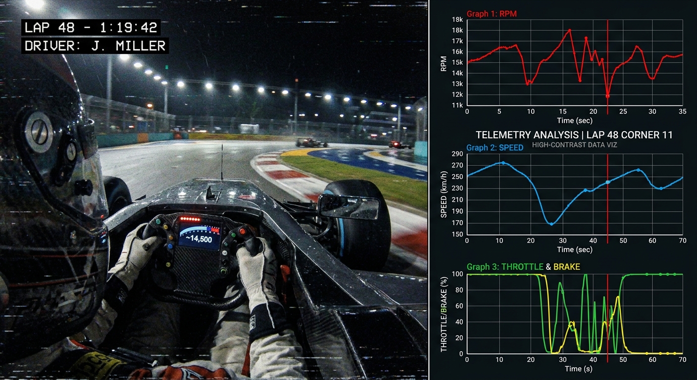A comparison between a subjective cockpit video and objective telemetry traces for professional lap analysis.