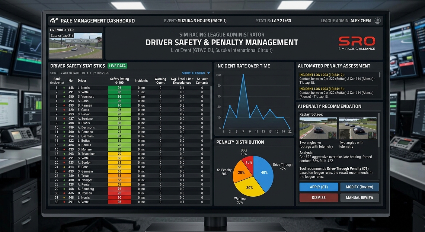 Advanced league management tools help administrators monitor driver behavior and enforce high standards of competitive integrity.