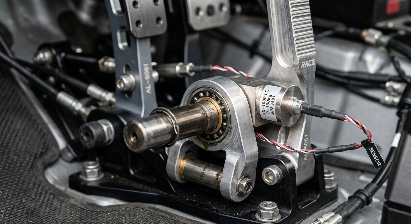 Close-up of a floor-hinged pedal showing the mechanical pivot point designed for ergonomic ankle movement.