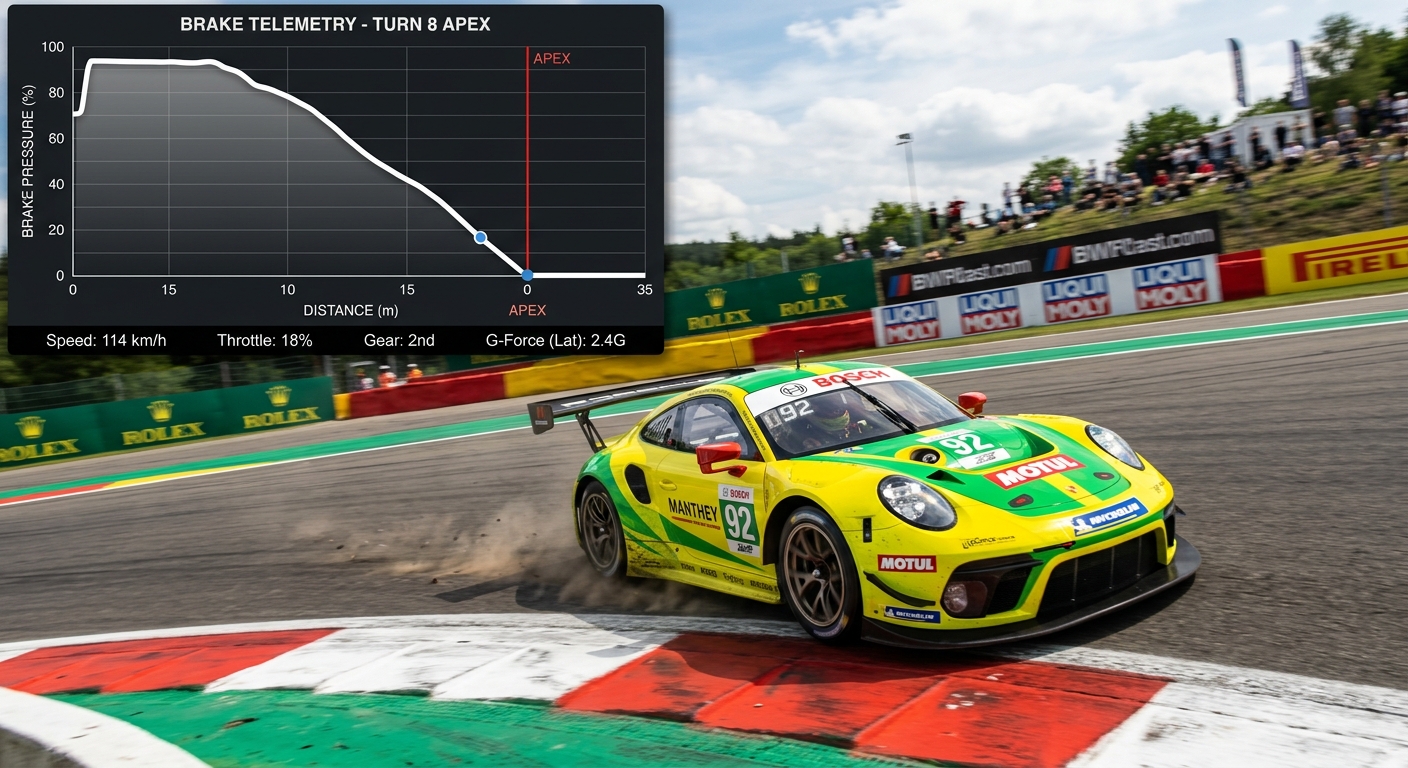 Precision release of brake pressure is the secret to maintaining car balance through the corner entry.