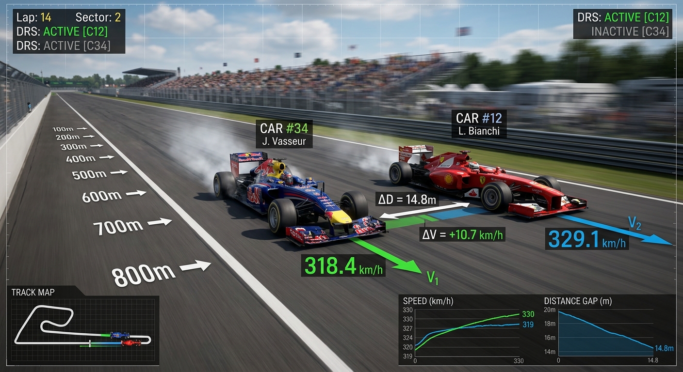 Visualizing the rapid reduction of a one-second gap between different car classes on a high-speed straight.