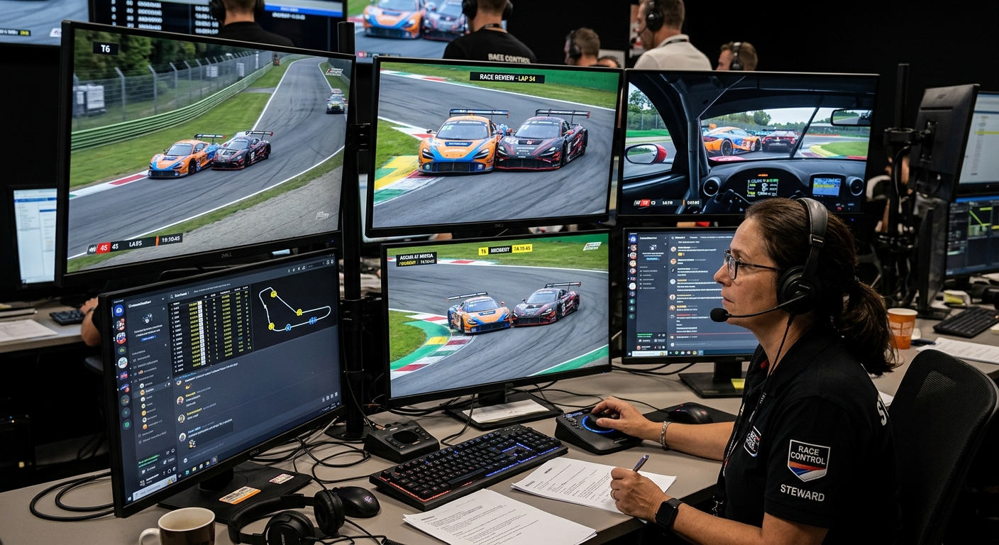 Stewards utilize multiple camera angles to determine if a driver had the opportunity to avoid contact despite blind spots.