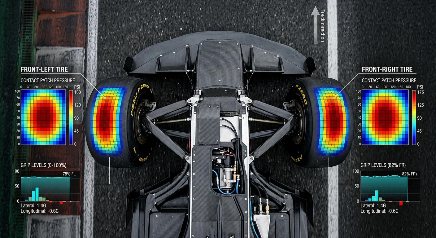 Visual representation of tire contact patch data and grip levels influenced by high-fidelity force feedback.