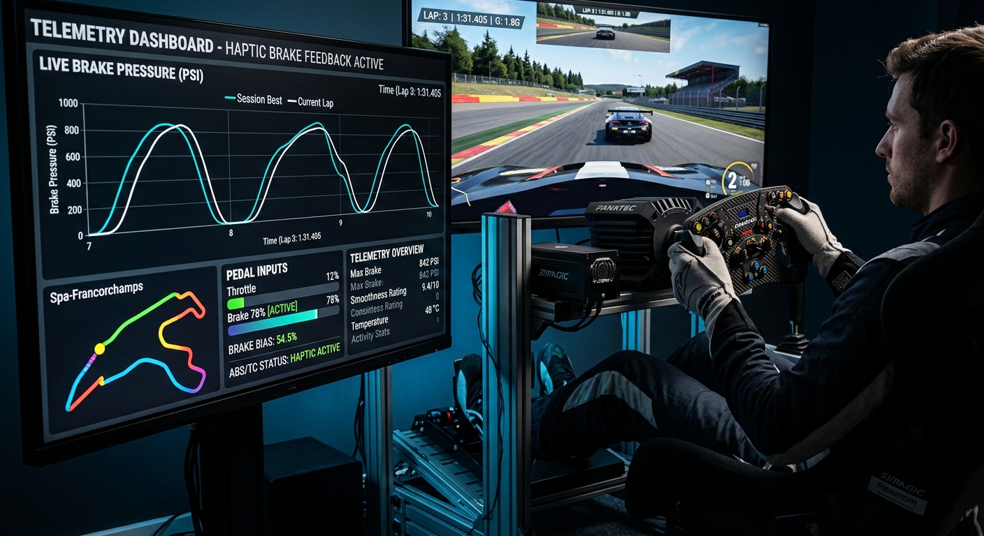 Telemetry analysis comparing a jittery brake trace to a smooth, haptic-assisted trail braking curve on a digital dashboard.