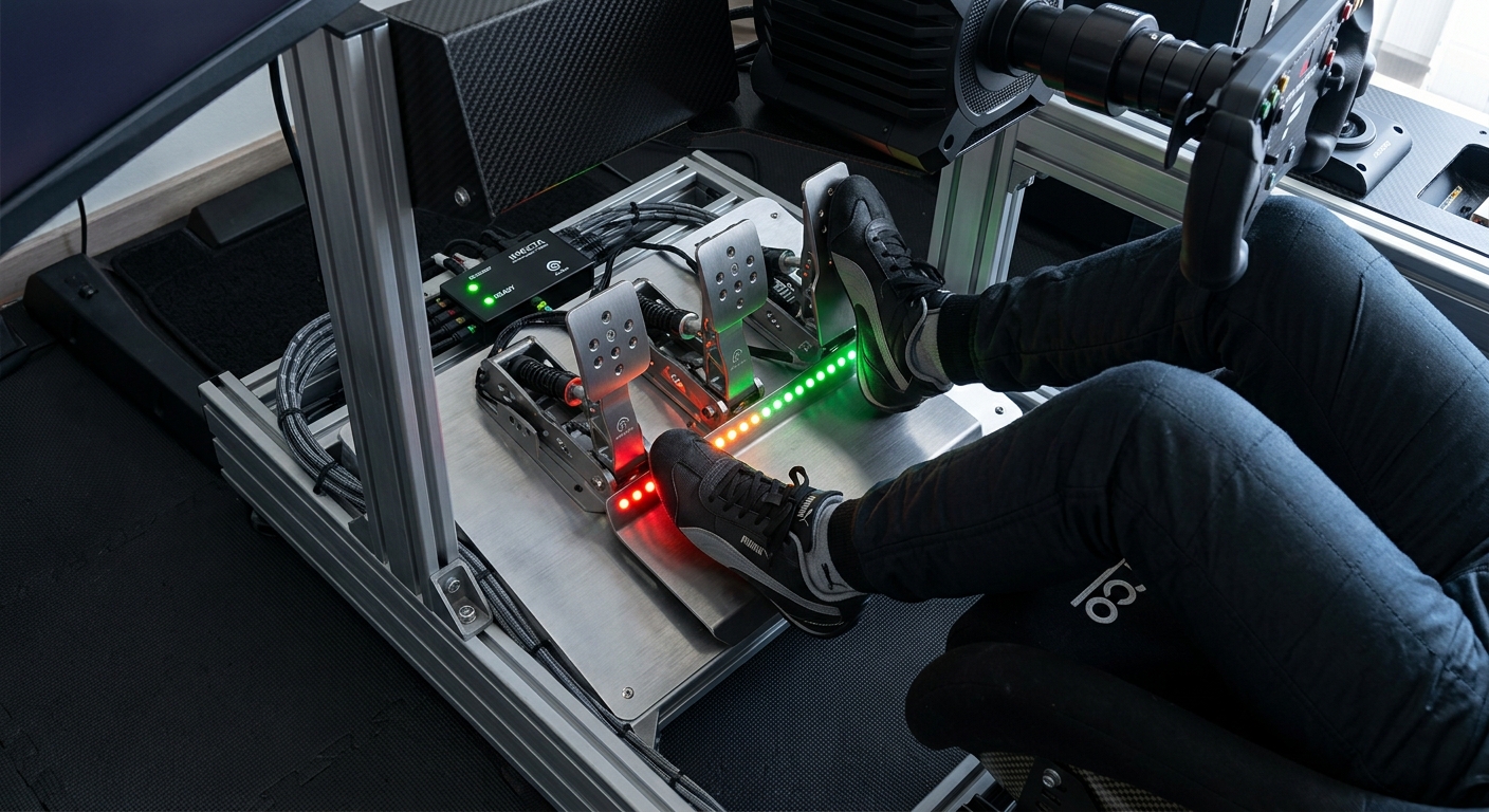 A professional sim racing pedal tray setup showing the integration of load cell sensors and haptic feedback units.