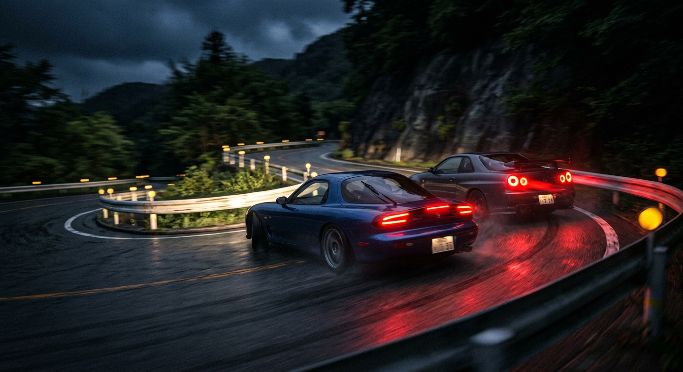 Two high-performance cars navigate a narrow mountain pass at night, showcasing tight proximity and intense 1v1 competition.