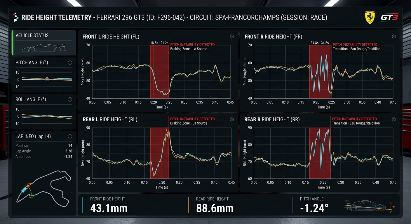 Telemetry data showing the relationship between front and rear ride heights during a heavy braking zone.