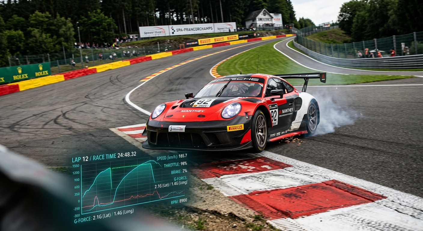 A Porsche 992 GT3 R attacking the curbs at Spa-Francorchamps with visualized telemetry data overlays.