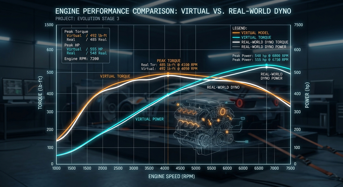 Comparing virtual power delivery against real-world dyno data to ensure engine performance matches the physical car.