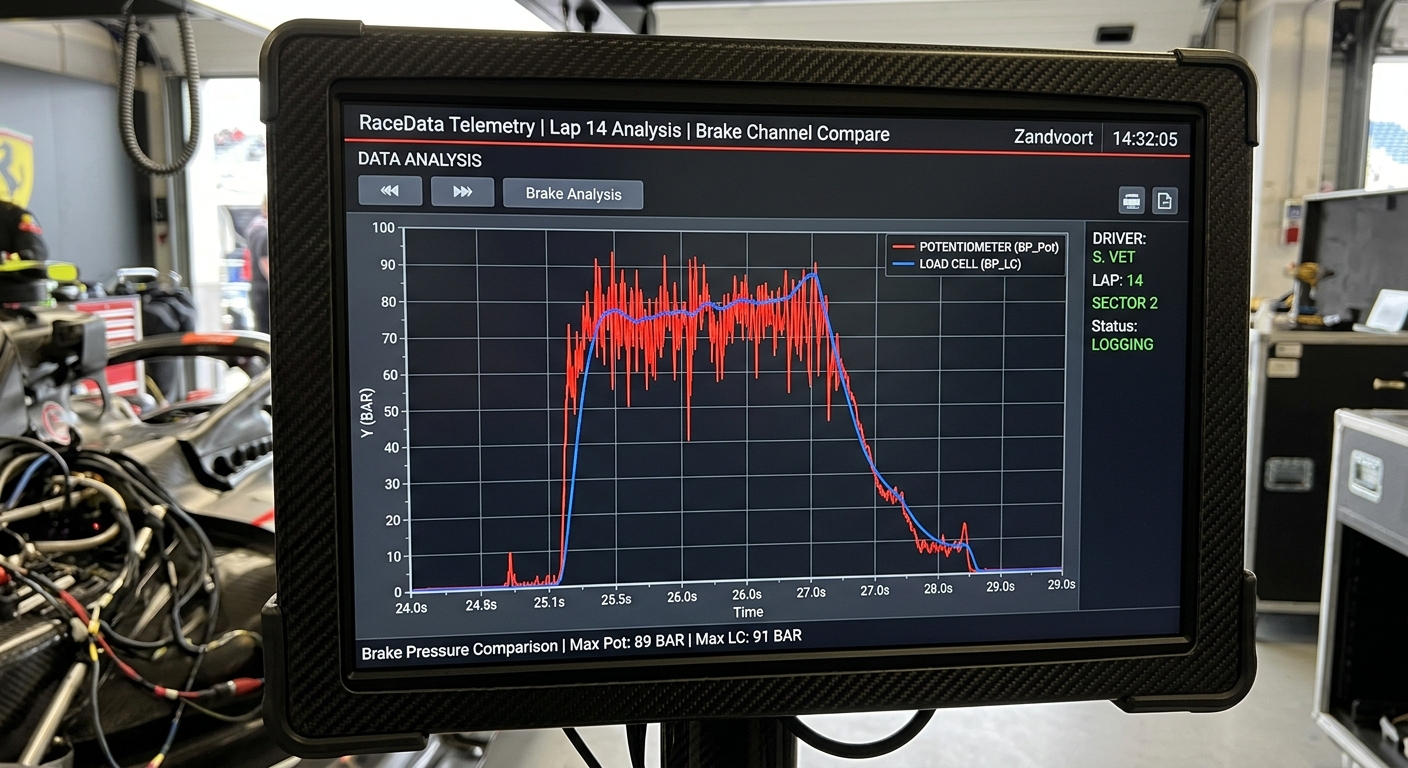 Telemetry comparison highlighting the difference between shaky distance-based braking and smooth pressure-based load cell inputs.