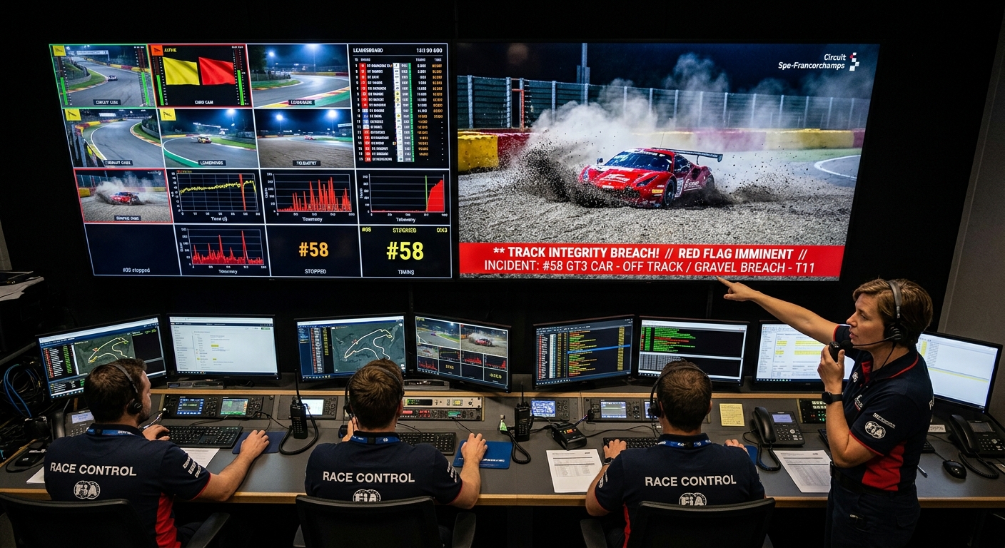 A high-tech race control interface monitoring a track integrity breach during a competitive session.