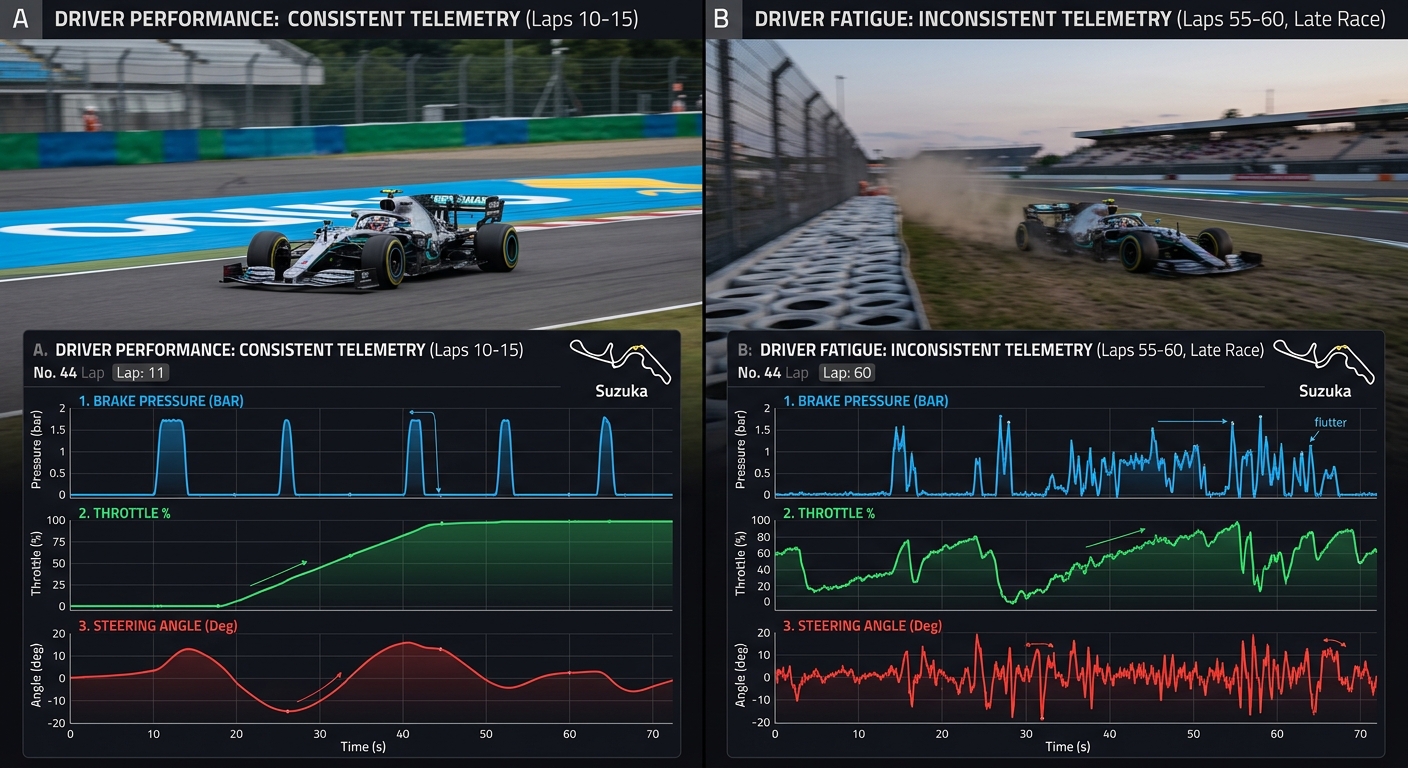 Telemetry analysis reveals how mental fatigue manifests as inconsistent braking and steering inputs during the final stages of a stint.