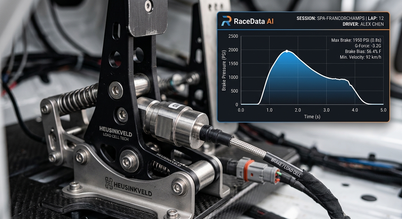 A detailed view of a load cell sensor assembly with a precision telemetry overlay showing smooth deceleration.