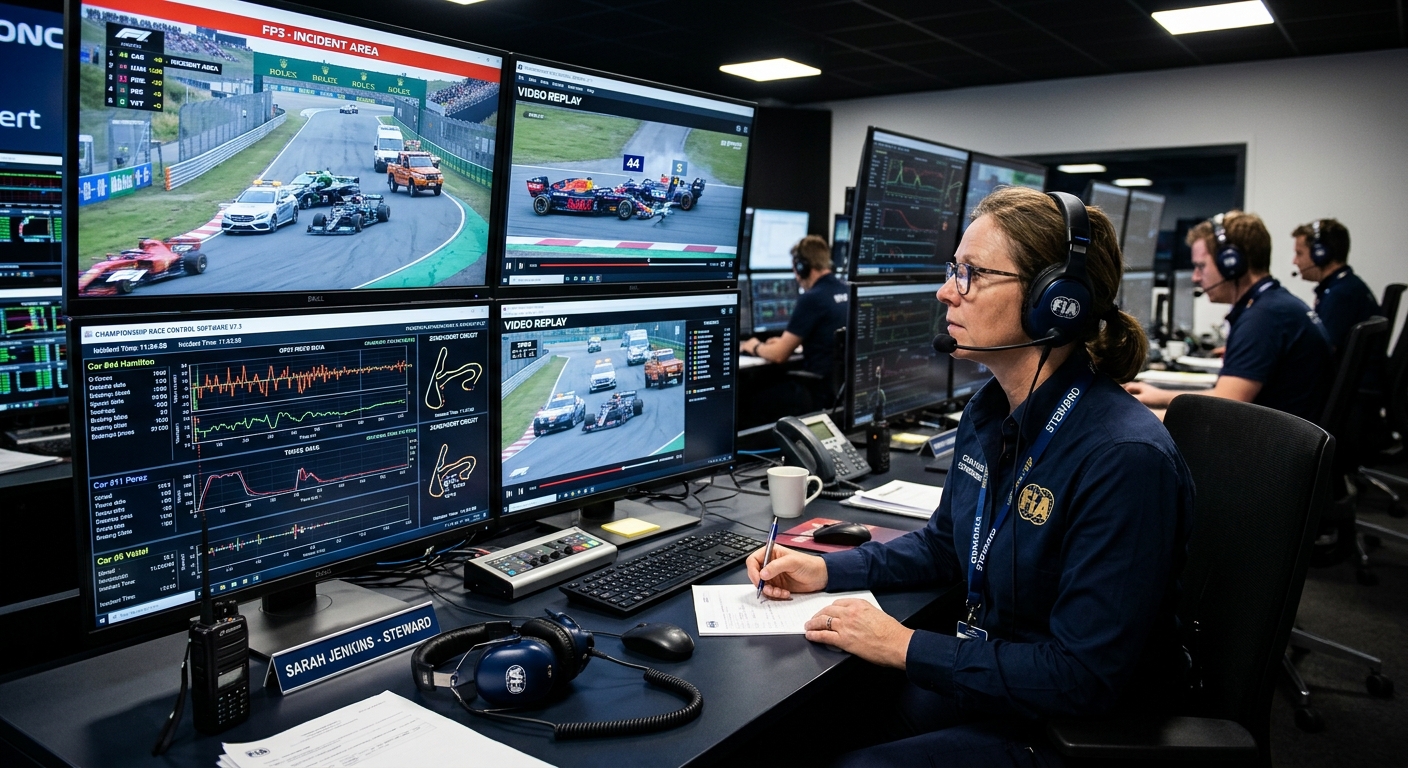 A steward monitoring a multi-car incident on high-resolution screens with a focus on competitive integrity.